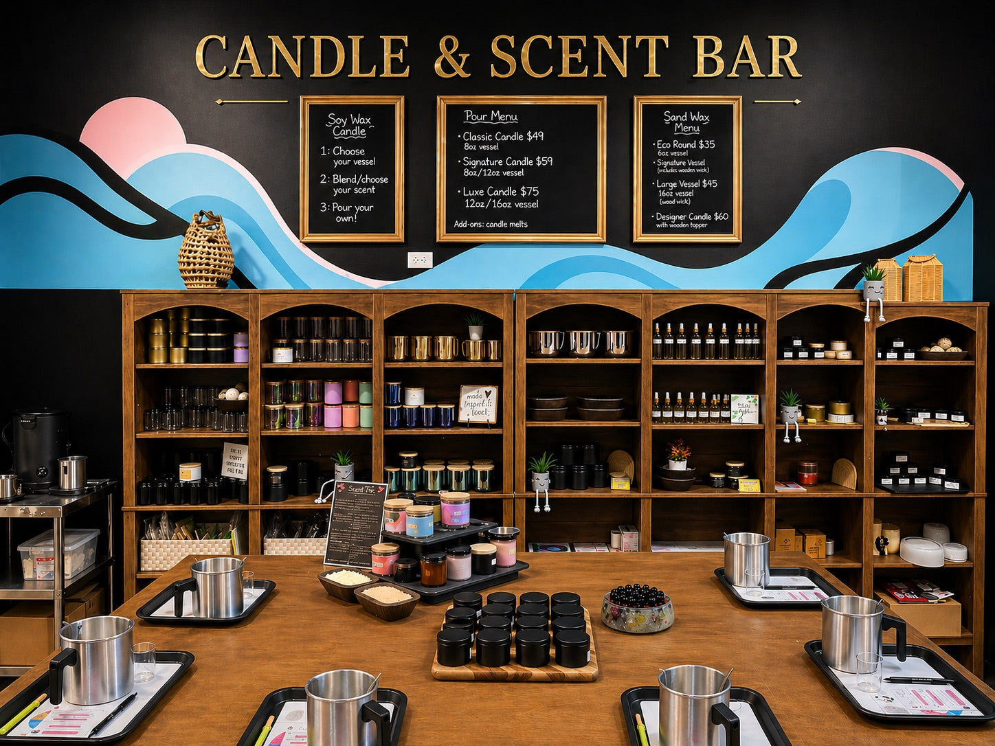 The Candle and Scent Bar at Makers Art Studio — fragrance menu boards above shelves of scent oils and pouring pitchers